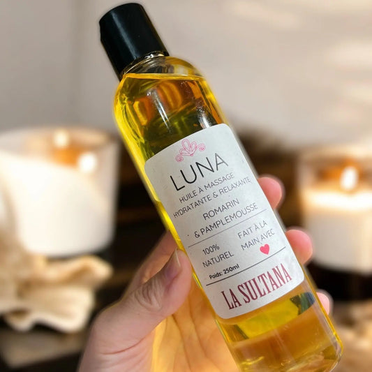 Huile à massage LUNA romarin et pamplemousse La Sultana Savonnerie | Savons et soins naturels faits main | Québec