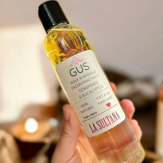 Huile à massage GUS conifères & eucalyptus La Sultana Savonnerie | Savons et soins naturels faits main | Québec