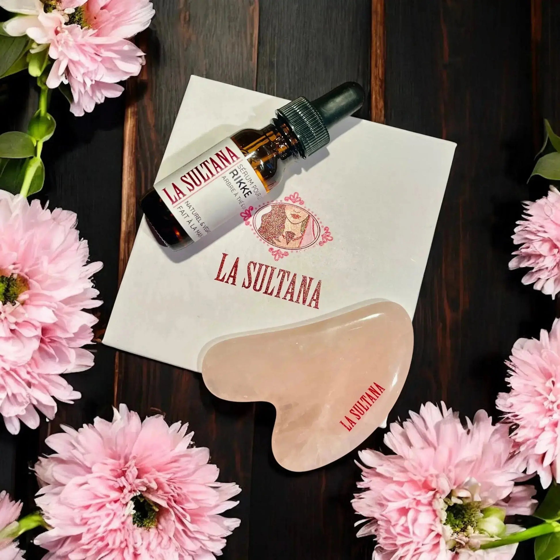 Ensemble GLOW Gua Sha & sérum naturel pour massage facial La Sultana Savonnerie | Savons et soins naturels faits main | Québec