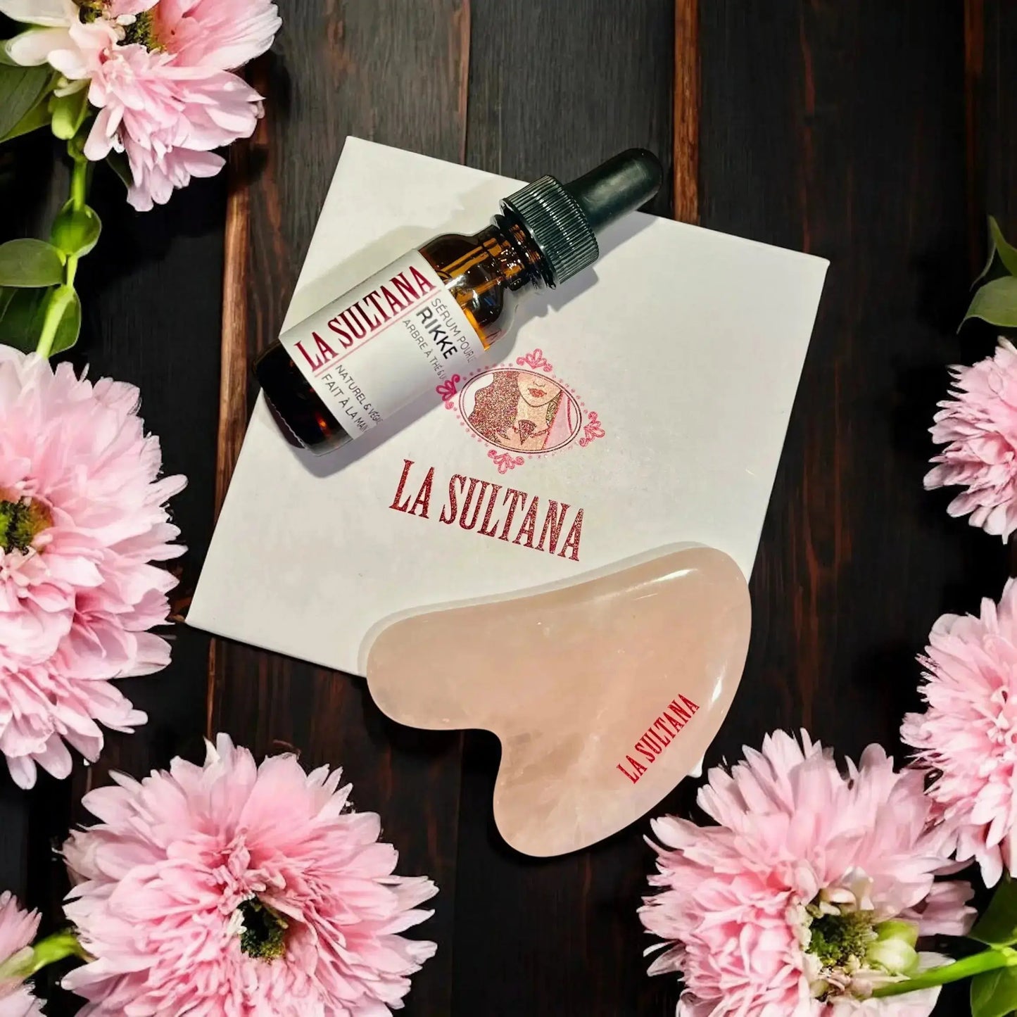 Ensemble GLOW Gua Sha & sérum naturel pour massage facial La Sultana Savonnerie | Savons et soins naturels faits main | Québec