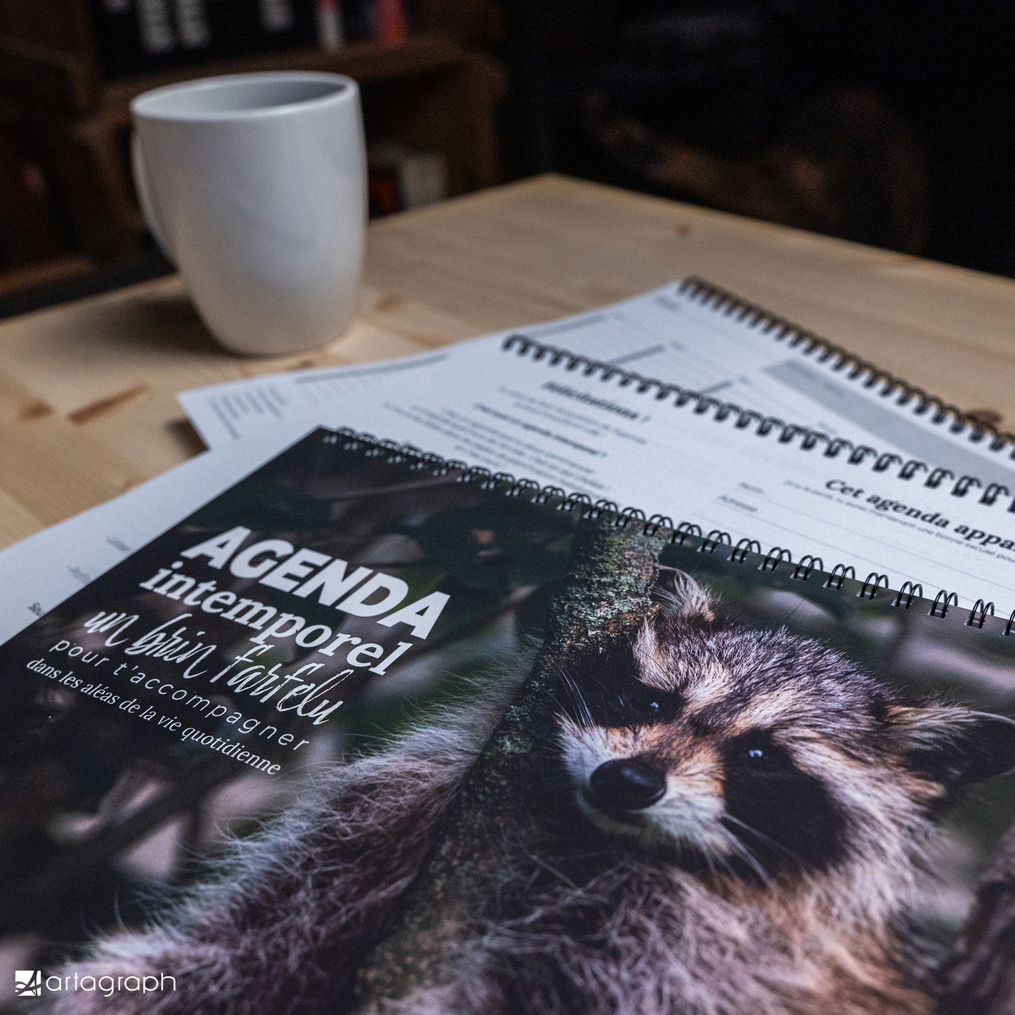 Sur une table en bois trônent une tasse à café blanche et quelques documents, avec en vedette un livret à reliure spirale sur lequel figure un raton laveur. Cet « Agenda intemporel RATON-LAVEUR » de La Sultana Savonnerie, réputée pour ses savons naturels et ses produits de soins de la peau faits à la main au Québec, propose un agenda non daté en français qui respire la finition luxueuse, parfait pour ceux qui apprécient le design bien pensé.