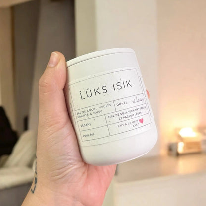Bougie de soja LÜKS ISIK eau de coco,  fruits confits et musc - La Sultana | Soins naturels québecois