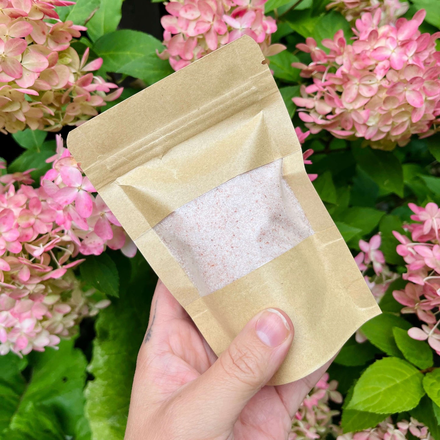 Une main tient une pochette en papier brun contenant une substance visible de couleur rose pâle. L'arrière-plan présente des fleurs d'hortensia rose vif et des feuilles vertes, mettant en valeur la beauté naturelle du Sel rose d'Himalaya (fin) de La Sultana Savonnerie | Savons et soins naturels faits main | Québec, reconnu pour sa richesse en minéraux.