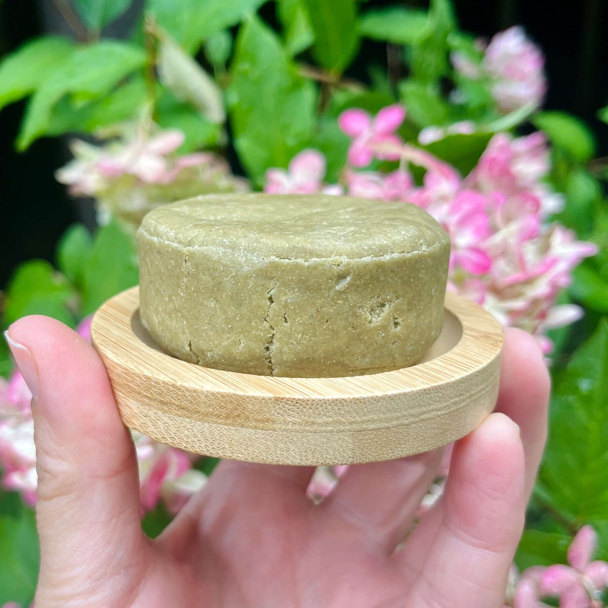 Une main tient une barre verte ronde et solide de Shampoing naturel CHARLOTTE huile de brocoli de La Sultana Savonnerie sur un petit plat en bois. Le fond est composé de feuilles vertes et de fleurs roses, mettant en valeur l'essence naturelle pour cheveux brillants.