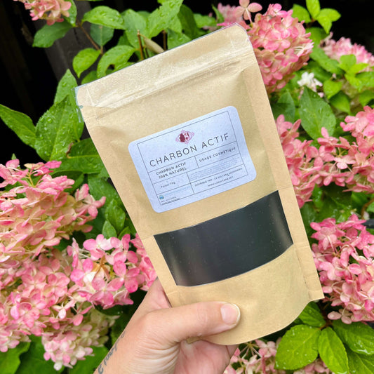 Une main tient un sachet en papier marron de "Charbon actif cosmétique" de La Sultana Savonnerie | Savons et soins naturels faits main | Québec devant des hortensias roses en fleurs. L'étiquette sur le sachet indique qu'il contient de la poudre de charbon actif 100 % pure, connue pour ses propriétés purifiantes et détoxifiantes.