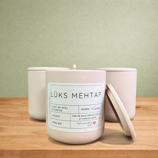 Bougie de soja LÜKS MEHTAP cerise et lait de miel - La Sultana | Soins naturels québecois