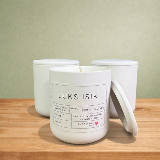 Bougie de soja LÜKS ISIK eau de coco,  fruits confits et musc - La Sultana | Soins naturels québecois