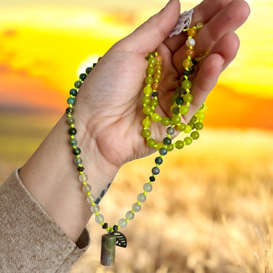 Mala necklace with 108 agate, rose quartz and peridot beads