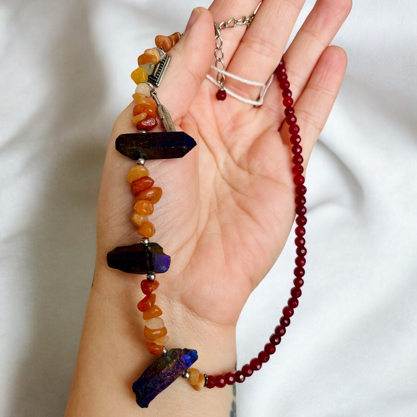 Jade, carnelian and titanium quartz necklace