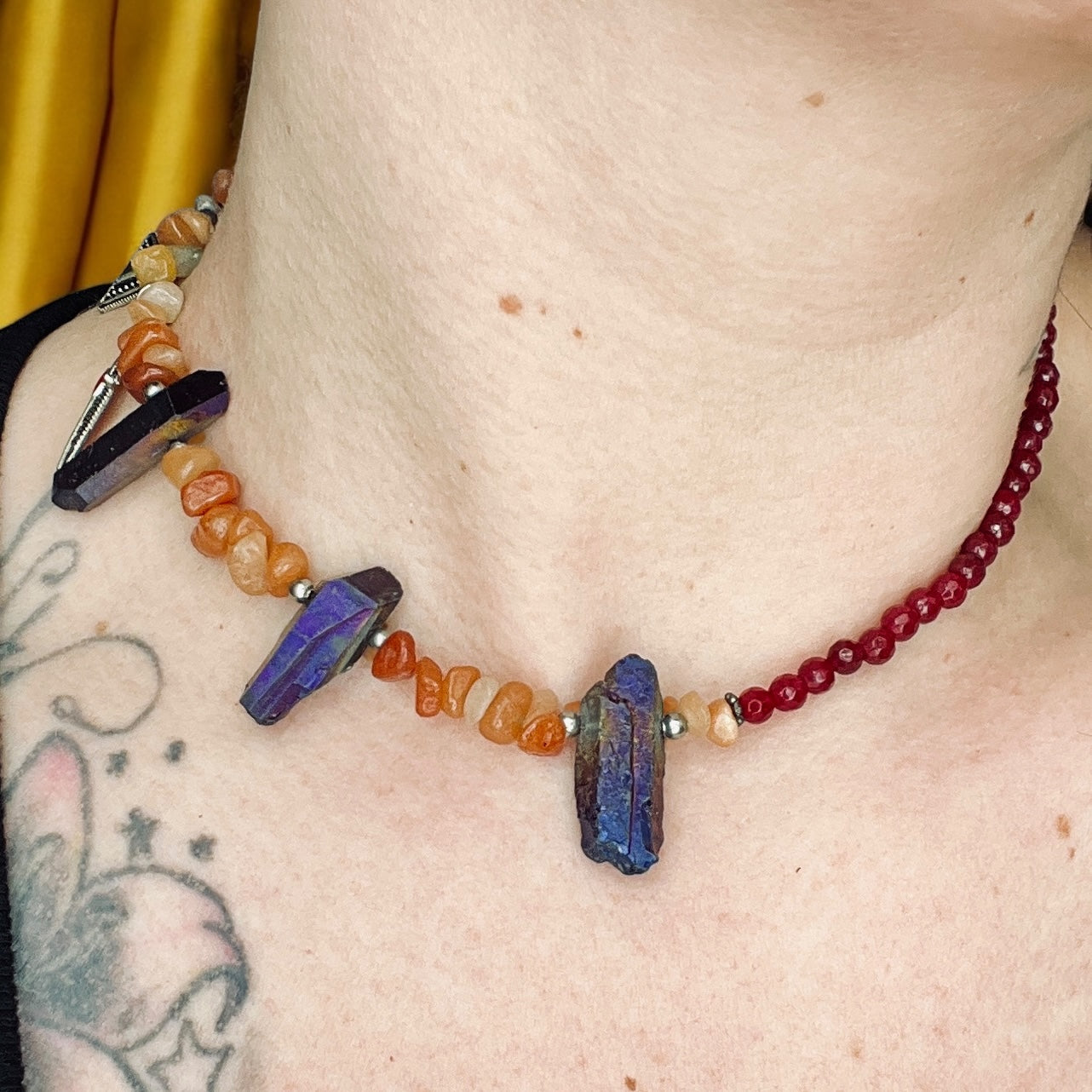 Jade, carnelian and titanium quartz necklace