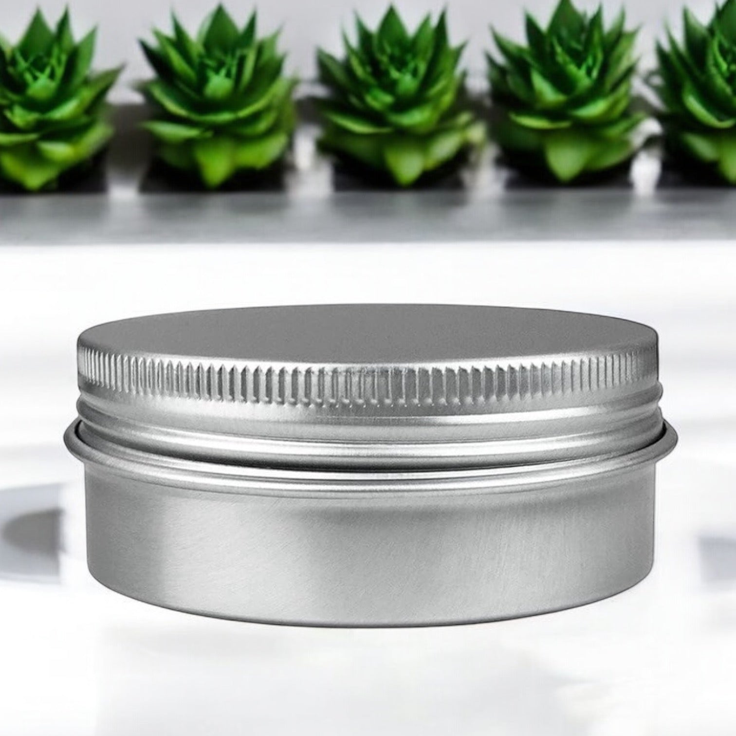 Un **Pot en aluminium de 60 ml (2oz)** de la **Savonnerie La Sultana | Savons et soins naturels faits main | Québec** muni d'un couvercle vissé est placé au premier plan. On y trouve quatre plantes succulentes vertes en arrière-plan, uniformément espacées et soigneusement disposées en rangée. La scène générale est lumineuse et épurée.