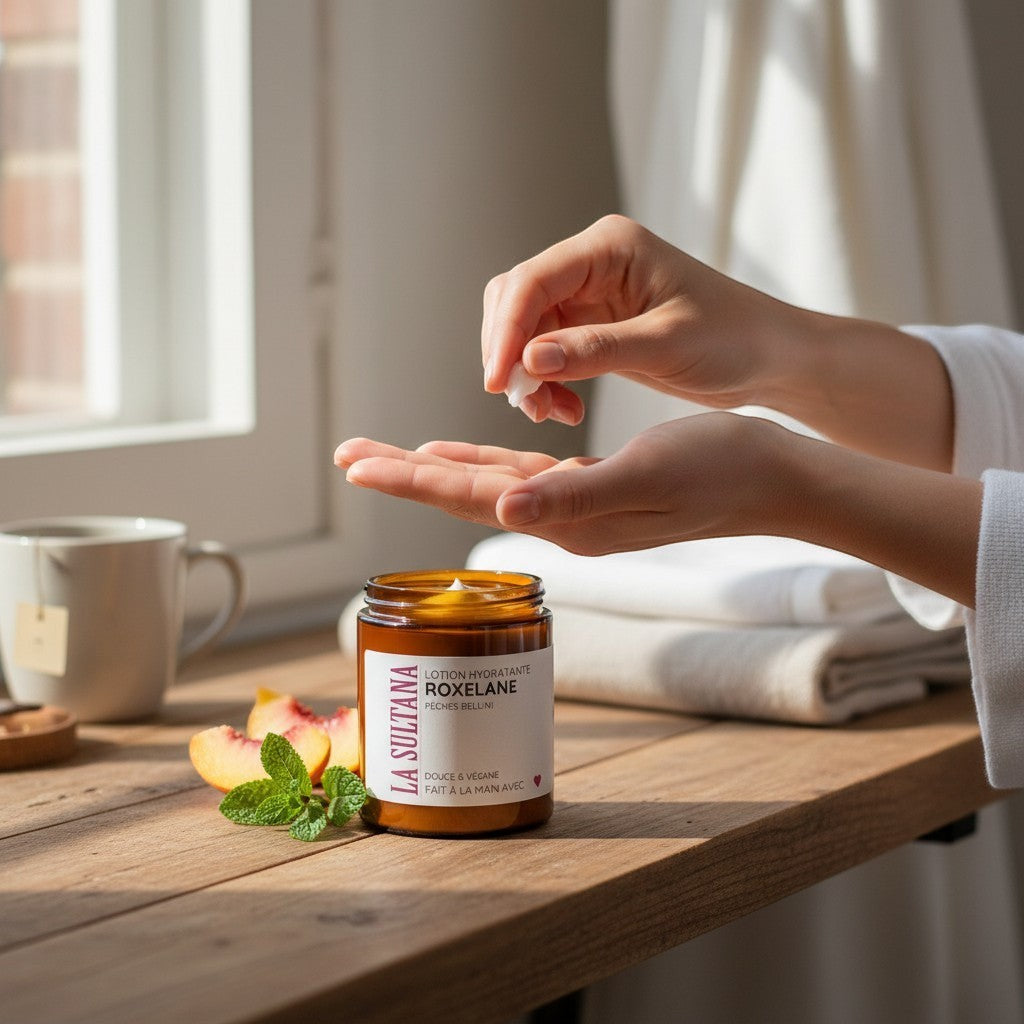 Lotion corporelle hydratante ROXELANE pêches Bellini - La Sultana | Soins naturels québecois