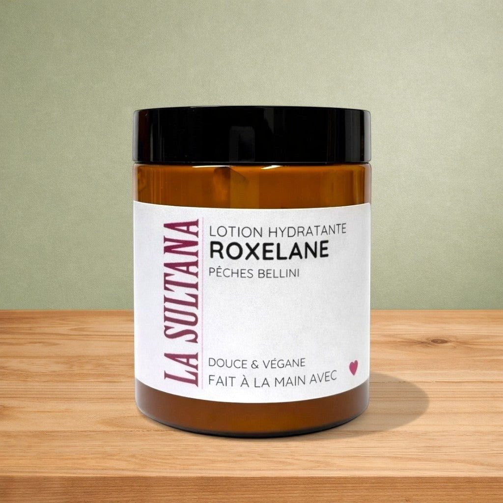 Lotion corporelle hydratante ROXELANE pêches Bellini - La Sultana | Soins naturels québecois