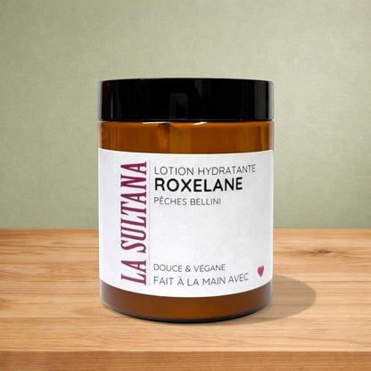 Lotion corporelle hydratante ROXELANE pêches Bellini - La Sultana | Soins naturels québecois