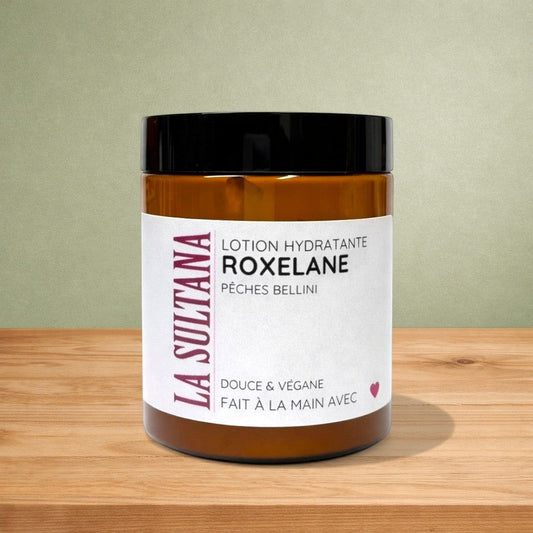 Lotion corporelle hydratante ROXELANE pêches Bellini - La Sultana | Soins naturels québecois