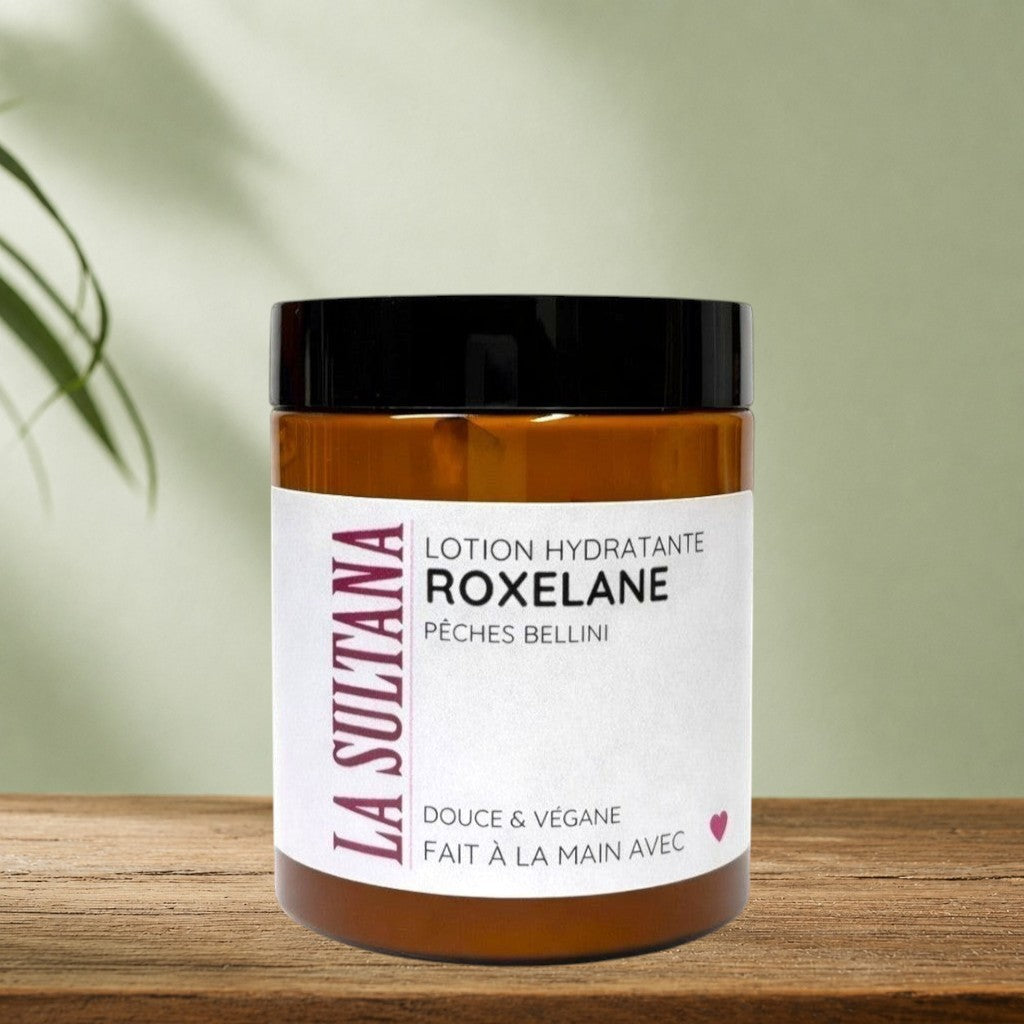 Lotion corporelle hydratante ROXELANE pêches Bellini - La Sultana | Soins naturels québecois