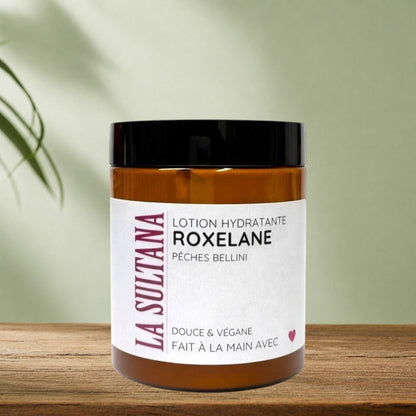 Lotion corporelle hydratante ROXELANE pêches Bellini - La Sultana | Soins naturels québecois