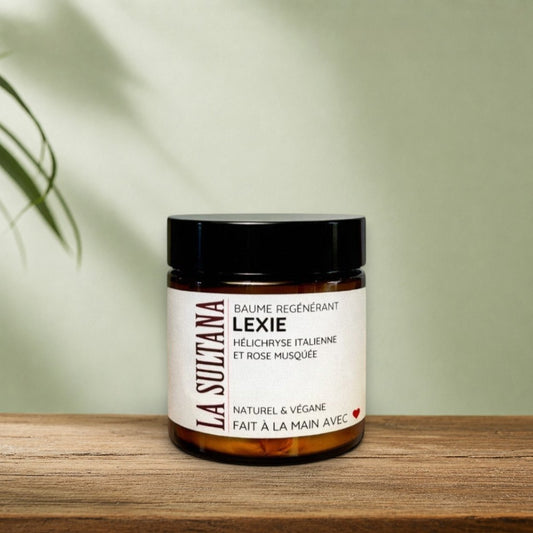 Baume régénérant LEXIE hélichryse italienne et rose musquée - La Sultana | Soins naturels québecois