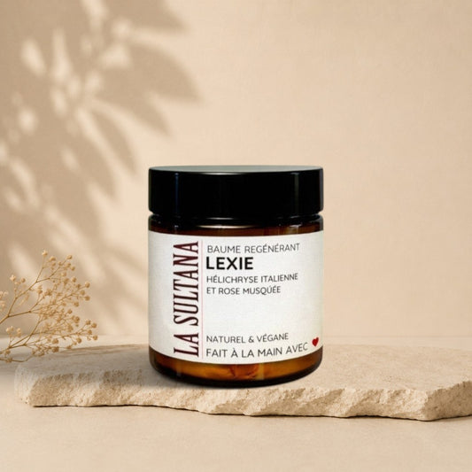 Baume régénérant LEXIE hélichryse italienne et rose musquée - La Sultana | Soins naturels québecois