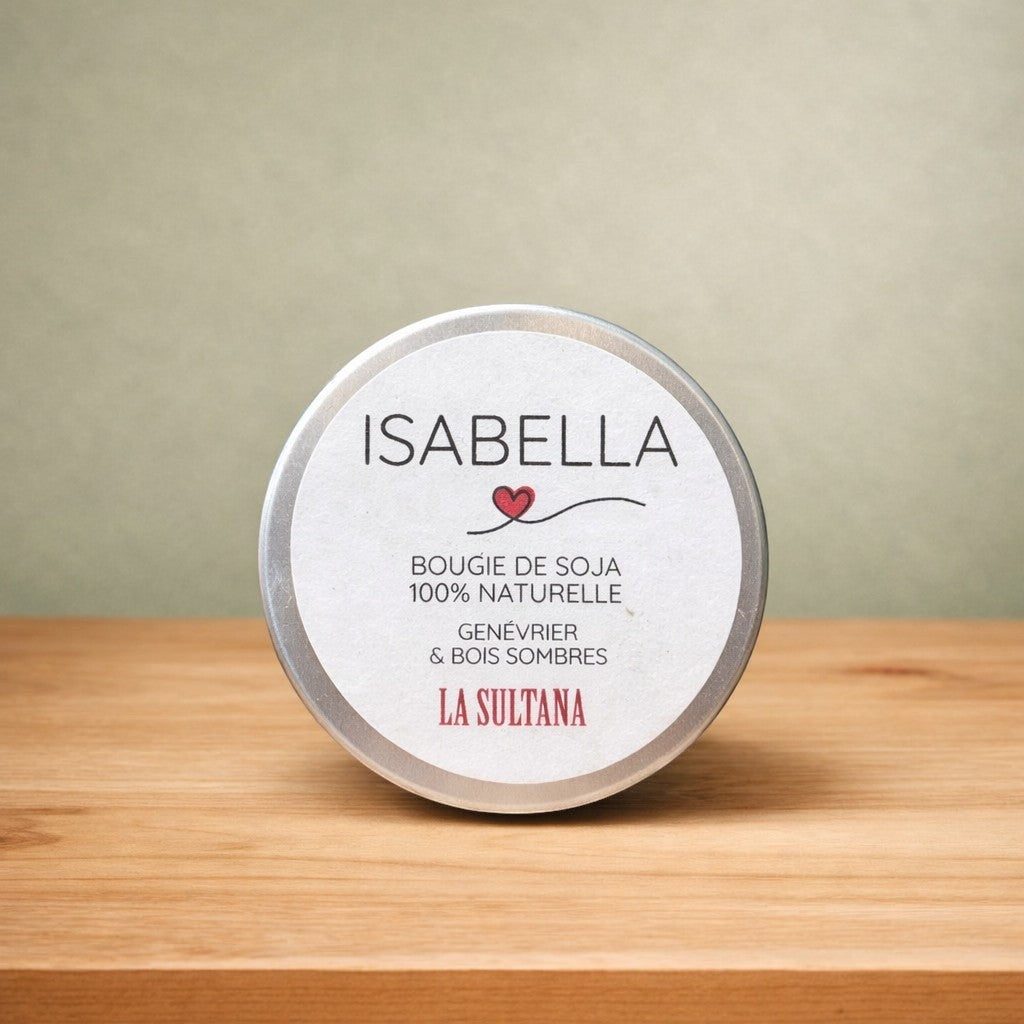 Bougie de soya ISABELLA genévrier et bois sombres - La Sultana | Soins naturels québecois