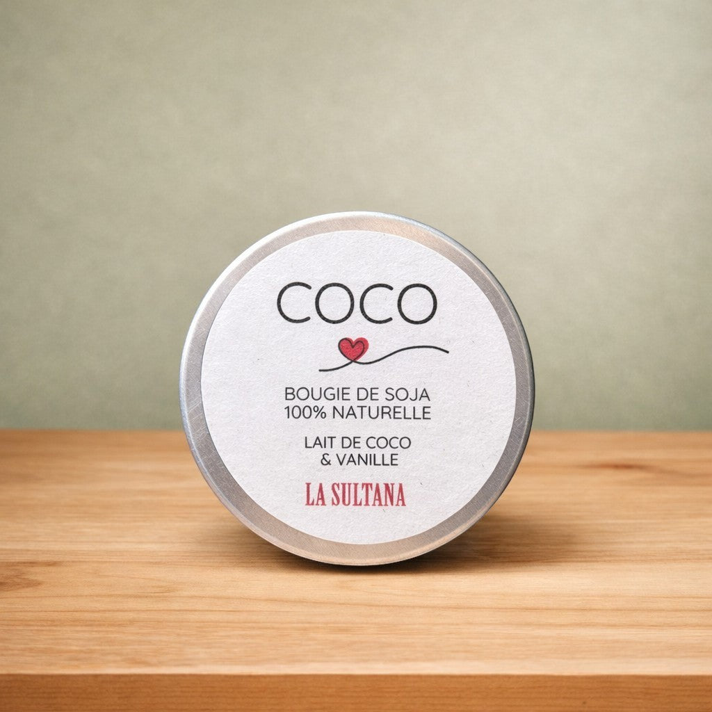 Bougie de soya COCO lait de coco et vanille - La Sultana | Soins naturels québecois