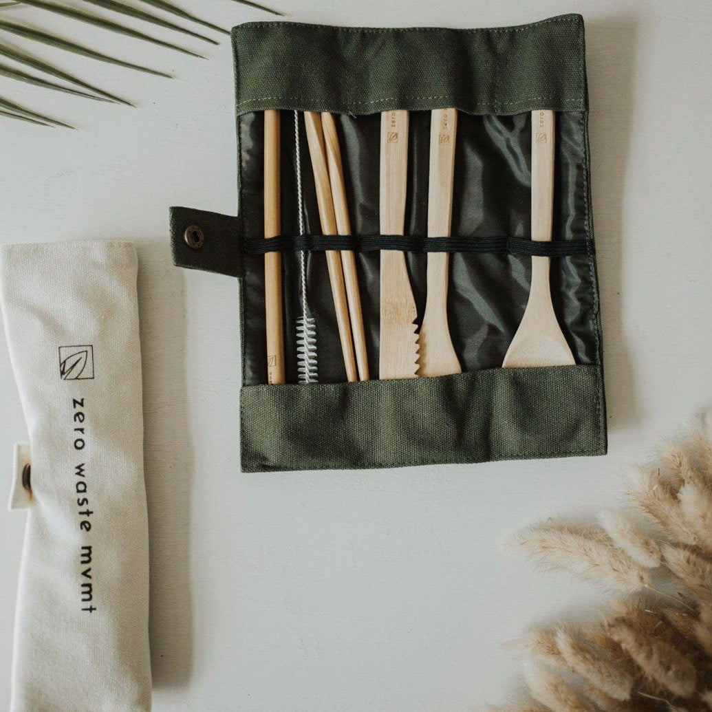 Ensemble d’ustensiles en bambou de voyage avec pochette